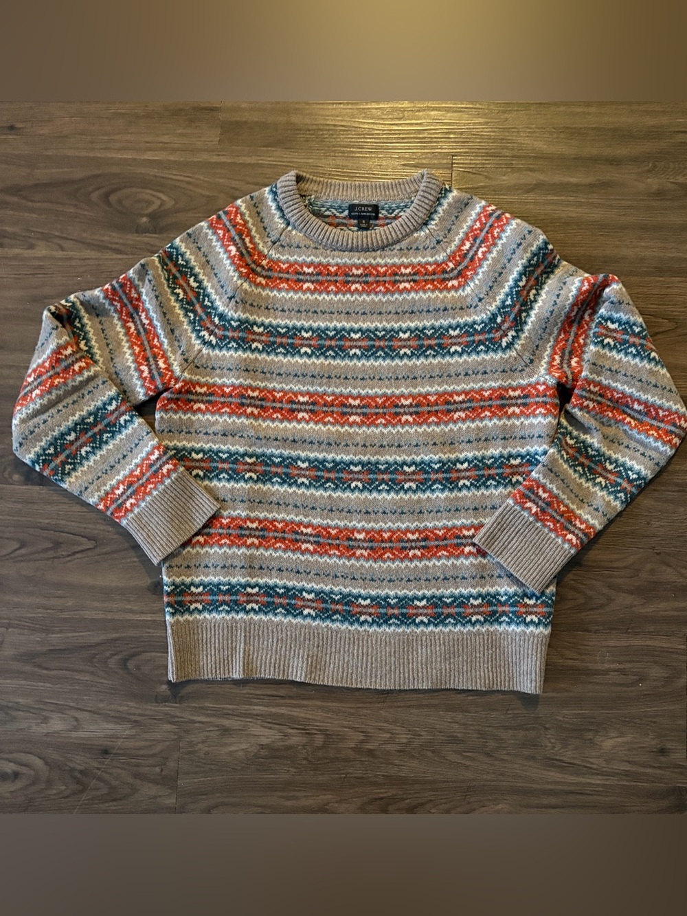 J. Crew Men's Crewneck Sweater in Beige with Orange and Teal Fair Isle